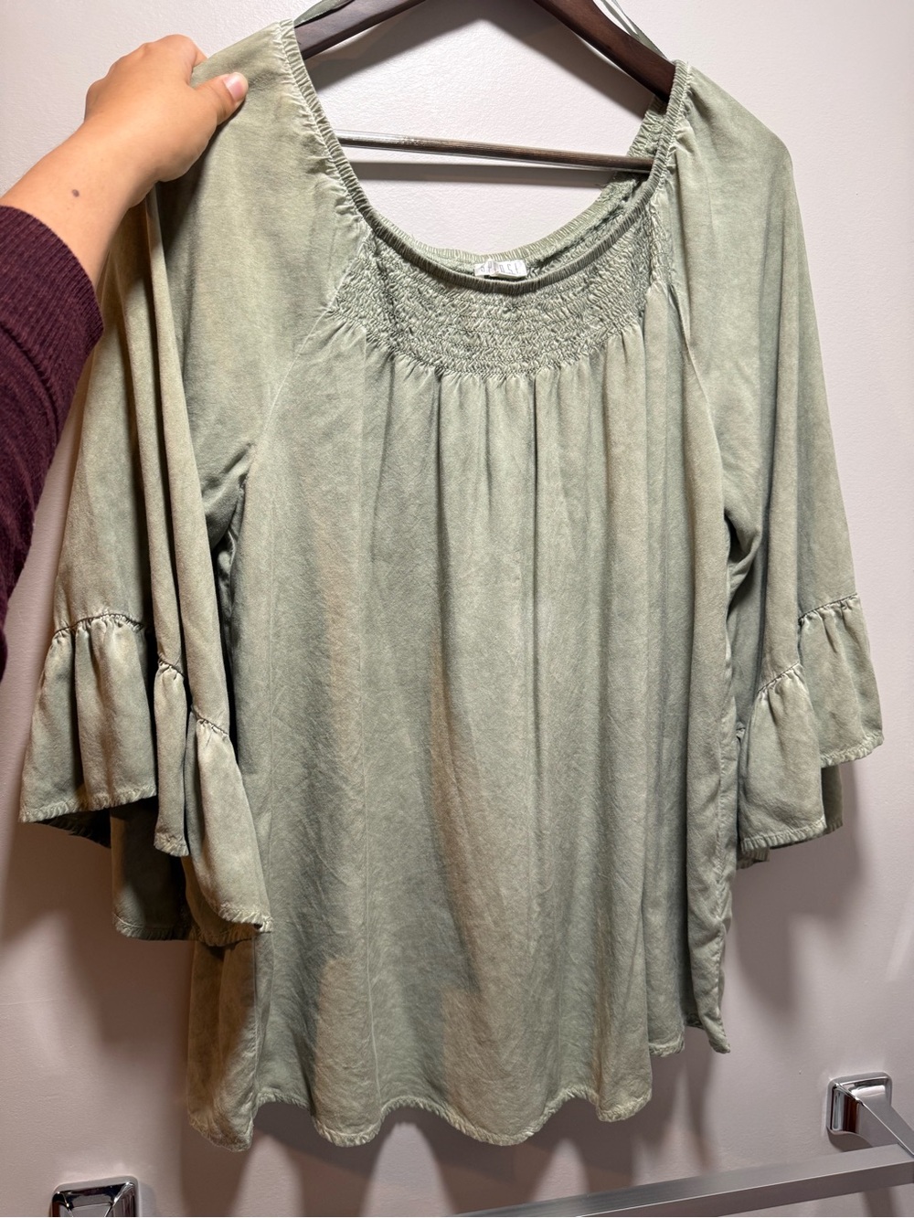 Spense Sage Pastel Green Smocked Neck Bell Sleeve Top Size L